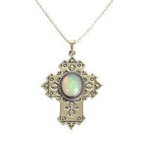 Humanly Krafted Opal Cross Necklace Sterling Silver Pendant 18” - 20” Chain